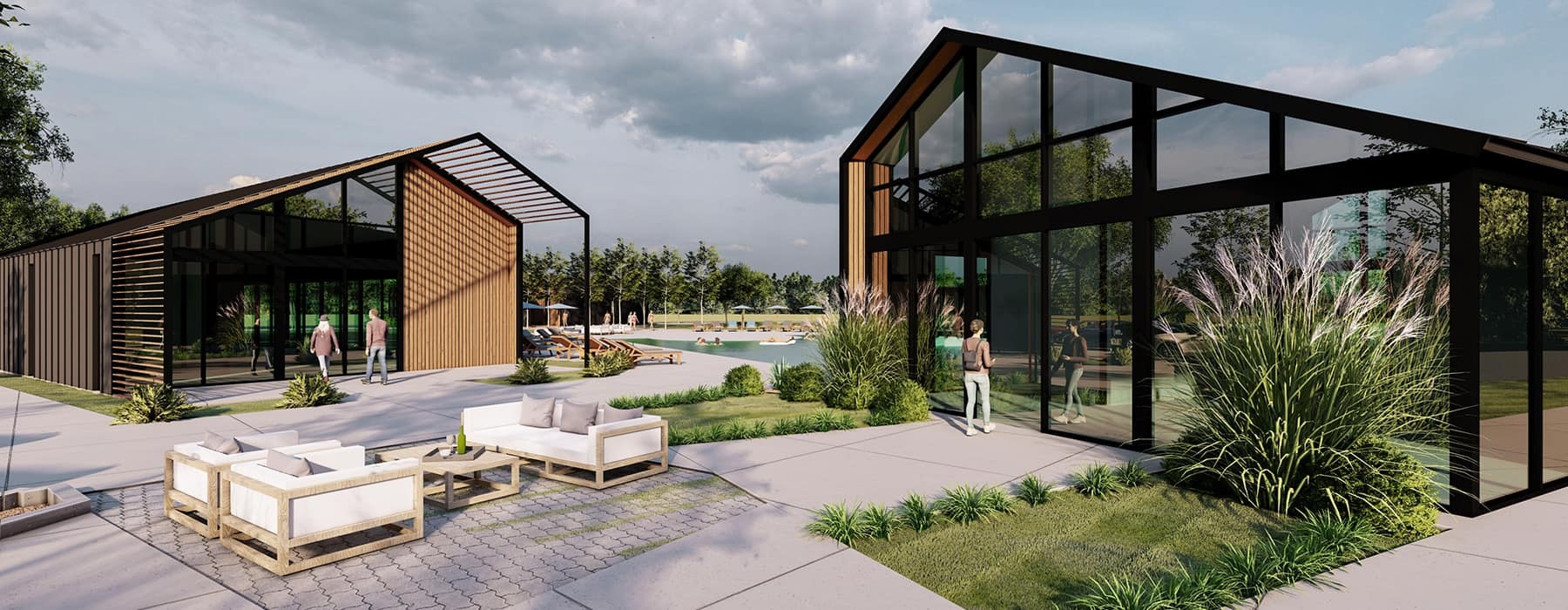 rendering of lounge buildings with all-glass walls and beside modern, easy-accessible pool and southern-style landscaping